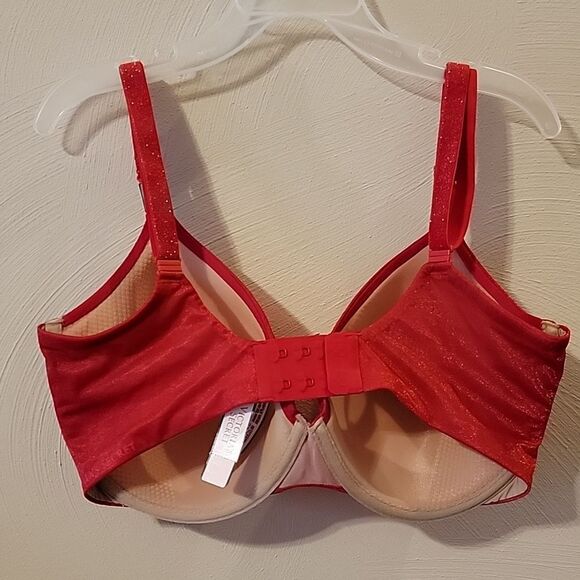 VICTORIA'S SECRET LINED PERFECT COVERAGE RED SPARKLY UNDERWIRE BRA, SIZE 32DDD - Picture 3 of 7